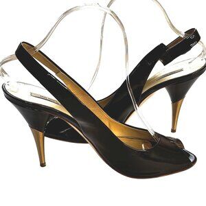 MIU MIU by PRADA Women Black Patent Leather Gold Heel Slingback Pumps 7.5 38.5